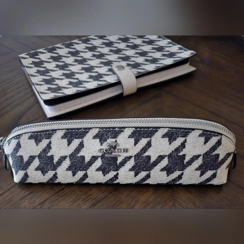 COACH Houndstooth Print Notebook & Pencil Case SET Silver/Cream/Black NWOT - Picture 8 of 14
